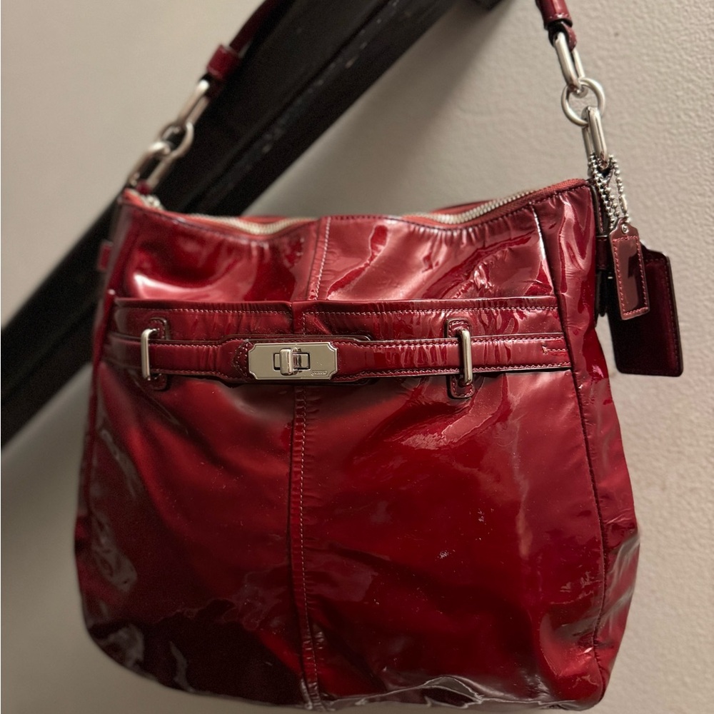Coach Red Leather Shoulder Bag with Silver Hardware